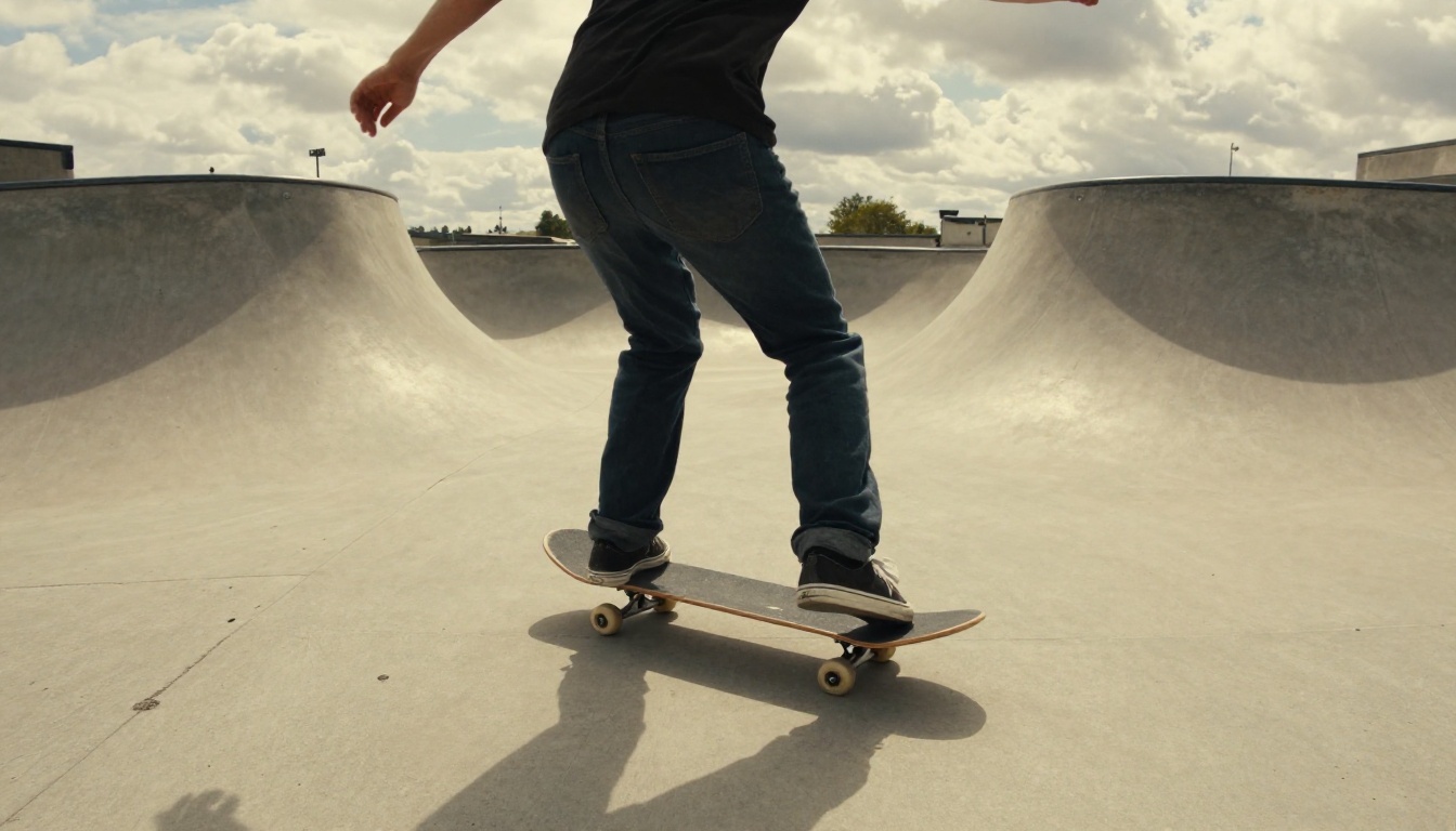 Skateboarder frozen at the top of an ollie above a concrete skatepark, shot from a low fisheye angle