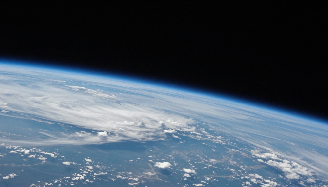 Close view of the curved horizon from low orbit with a thin blue atmosphere