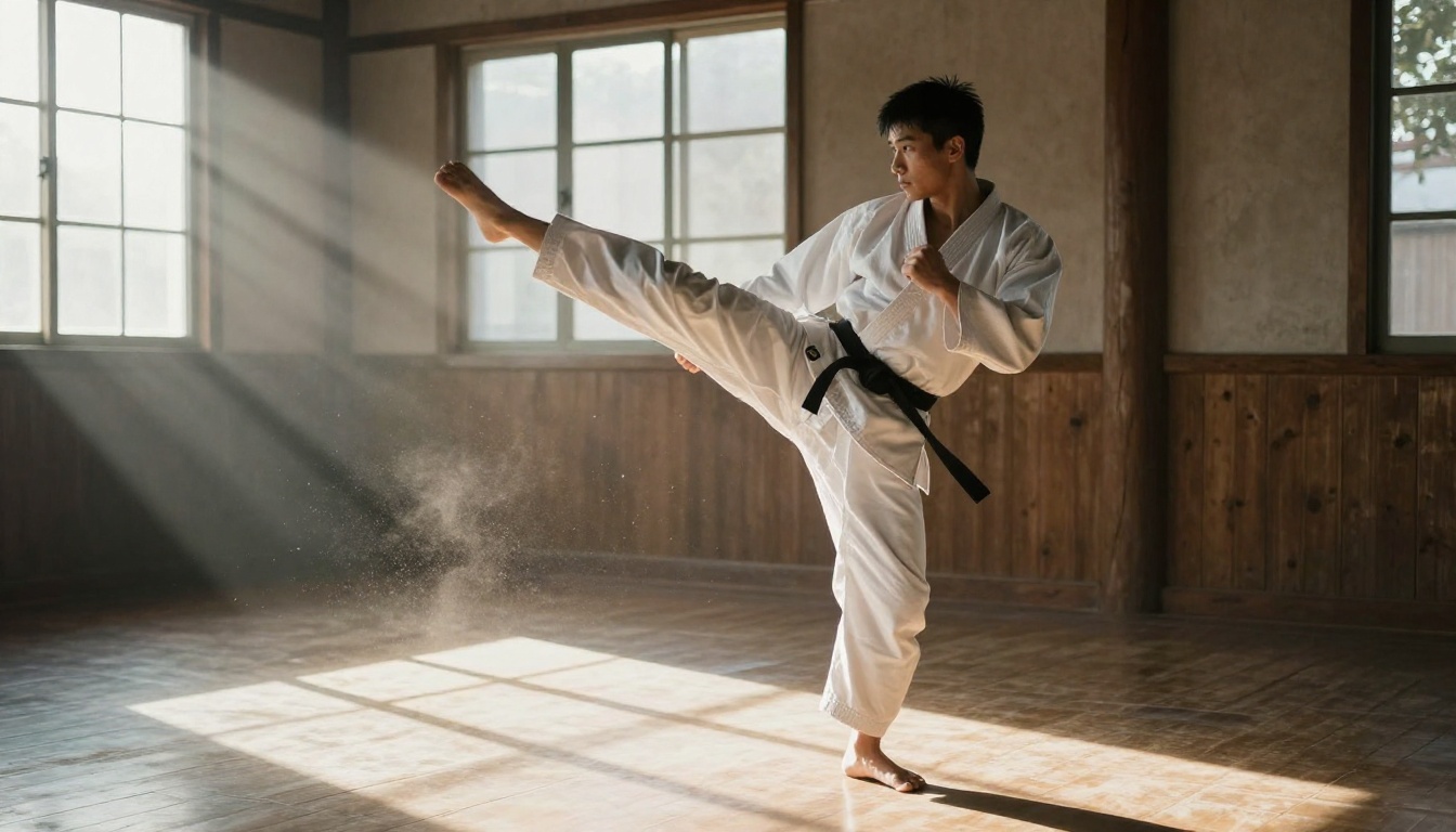 Martial artist in a white gi frozen mid roundhouse kick in a sunlit wooden dojo