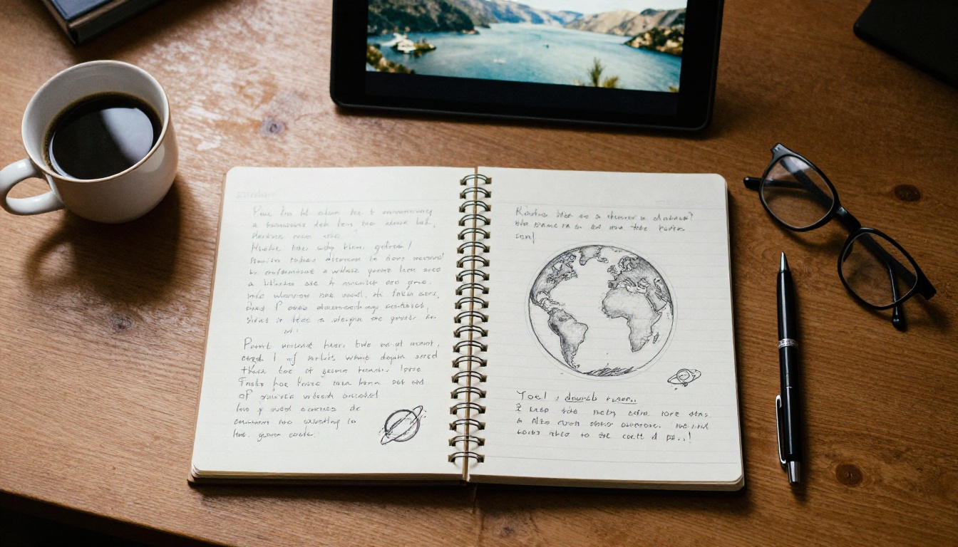Flat lay of a notebook with camera movement notes, a pen and coffee on a wooden desk