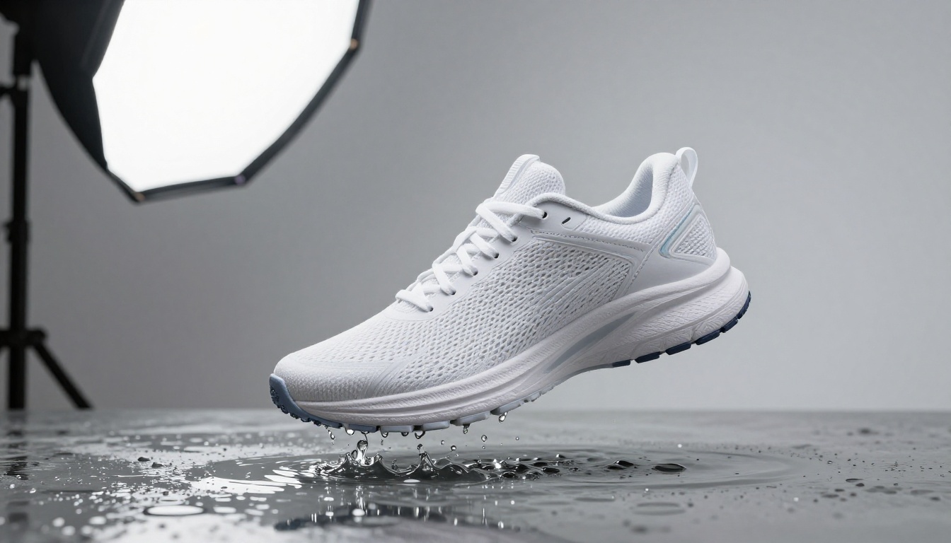 White running sneaker suspended above a shallow pool with frozen water droplets on a grey studio backdrop