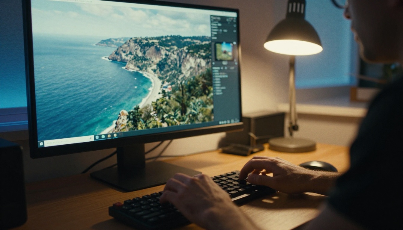 Hands typing at a desk with a satellite photograph of a coastline on the monitor