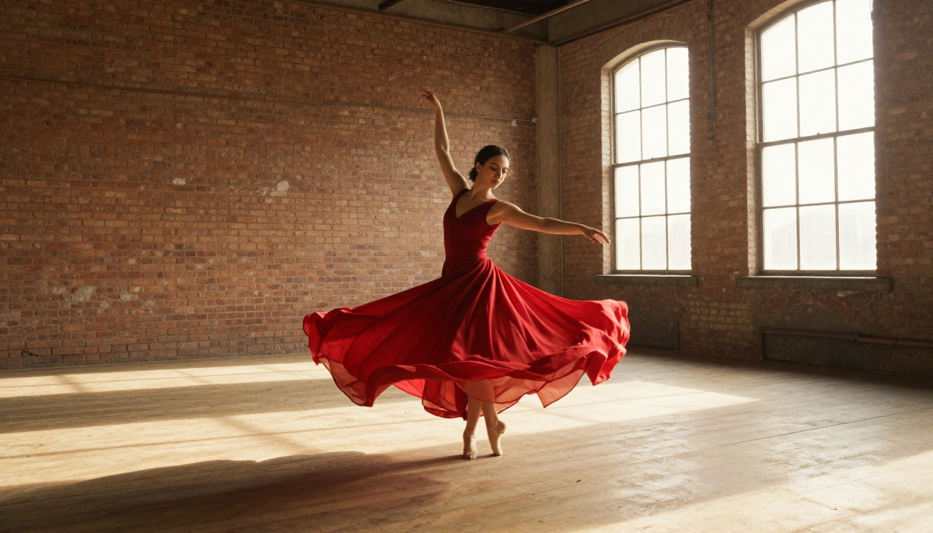 Dancer in a flowing red dress caught mid spin in an empty sunlit warehouse