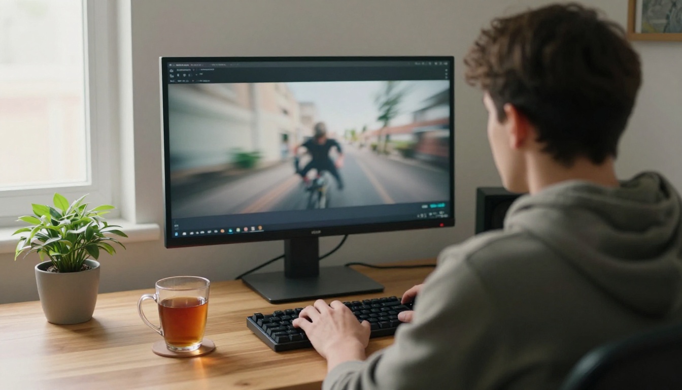 Video creator at a wooden desk in a bright home studio with a monitor showing a frozen action frame