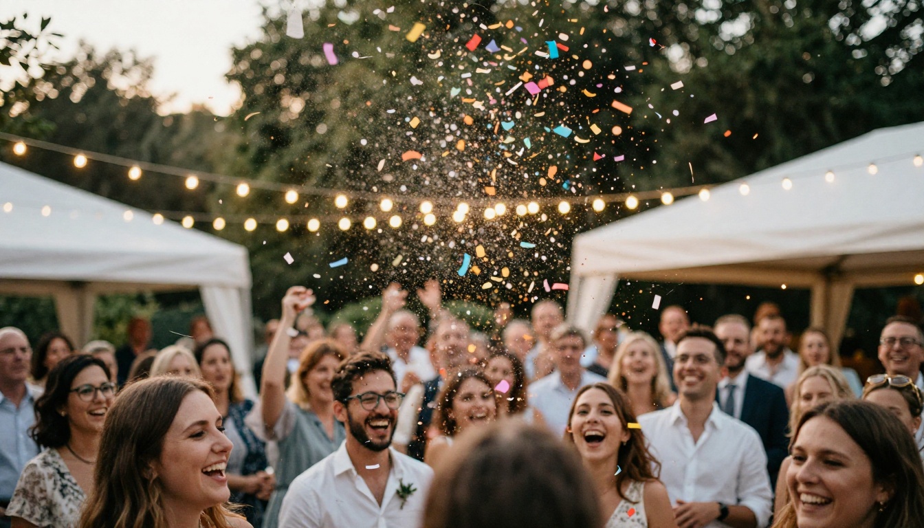Paper confetti frozen in mid-air above a laughing crowd at an outdoor wedding reception