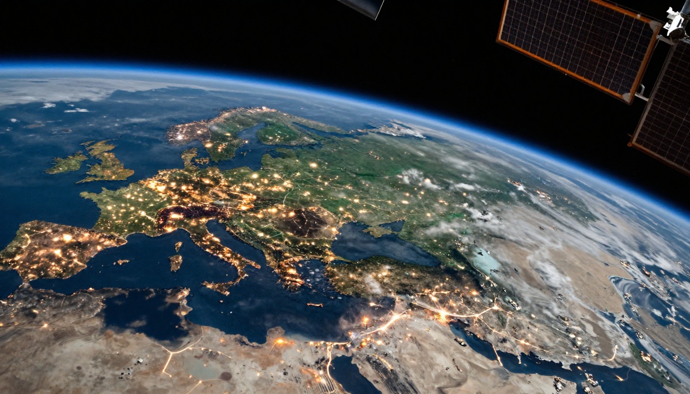 Night view of Earth from orbit with city lights tracing coastlines