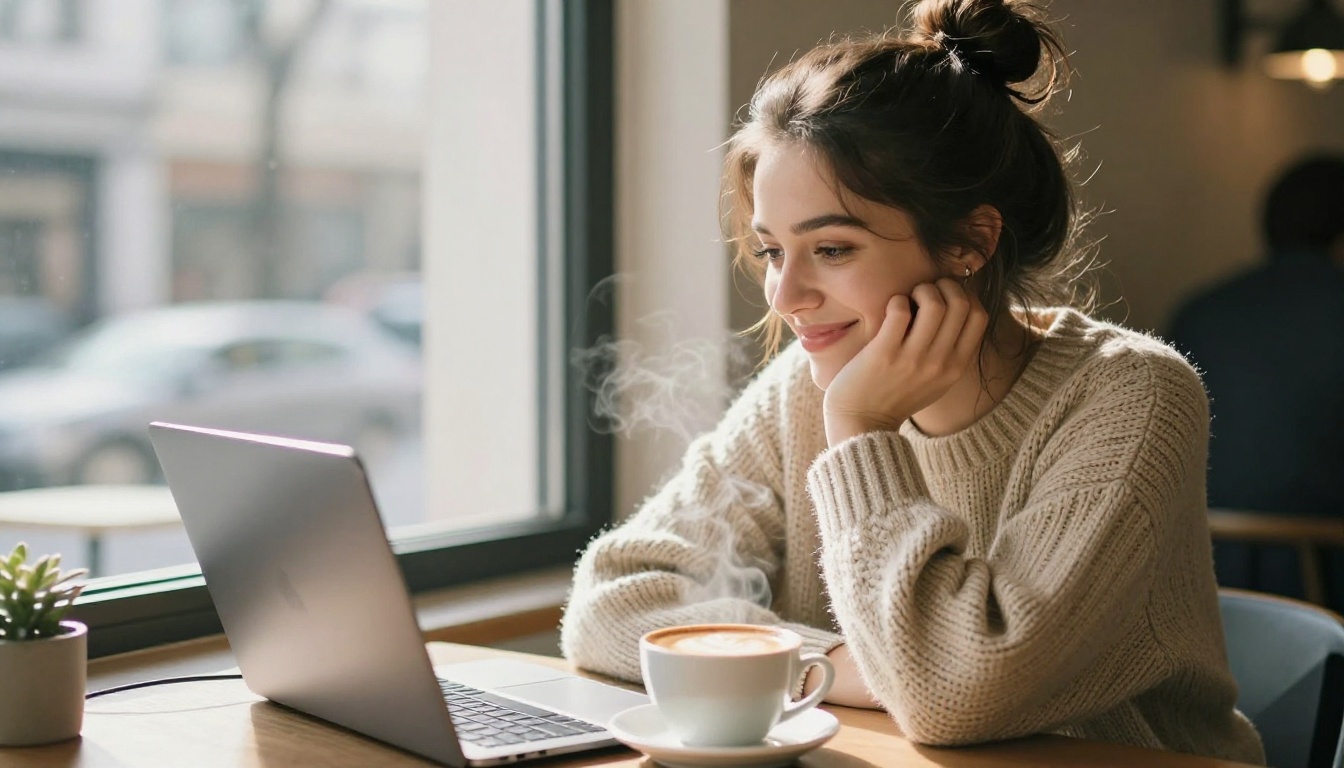 A young woman in an oatmeal knit sweater smiling at a laptop in a sunlit cafe