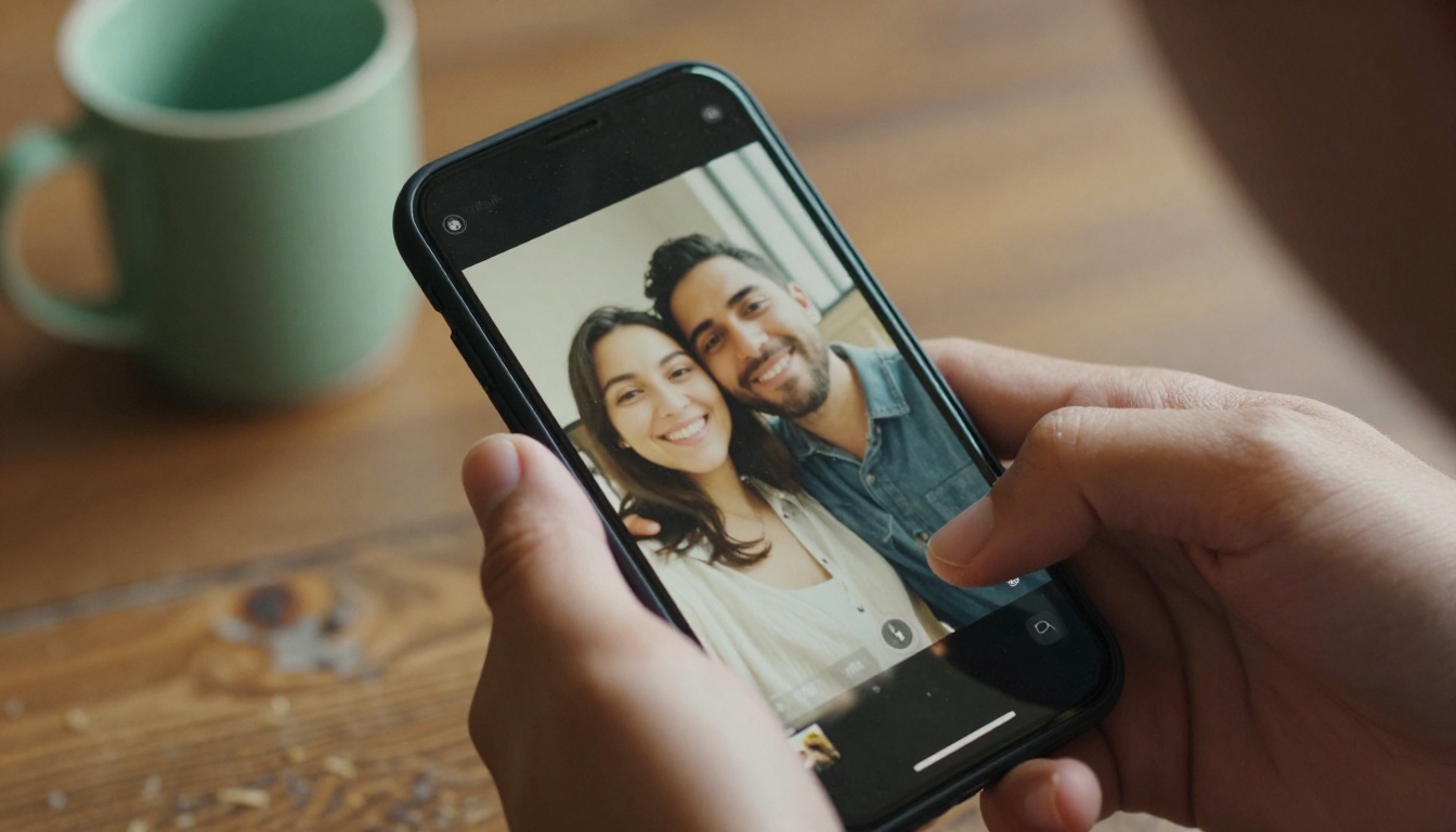 Two hands holding a smartphone that shows a blurred couple portrait