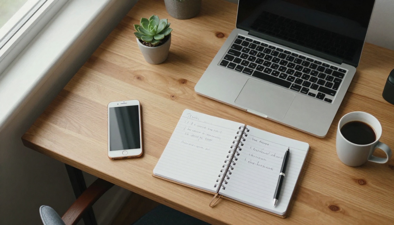 Overhead view of an oak desk with a laptop, phone, notebook and black coffee