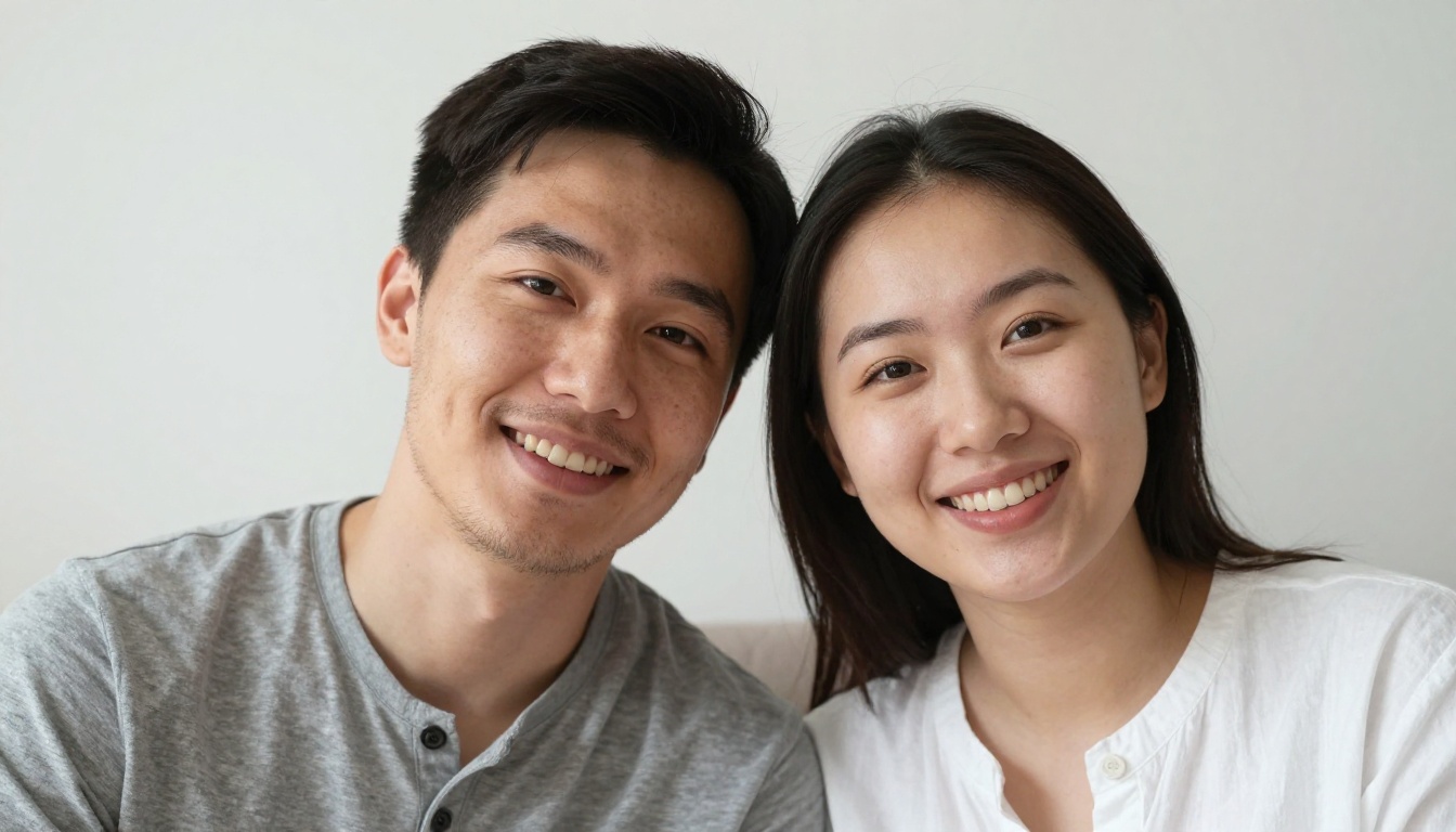 A young couple posing close together for a portrait in a bright living room