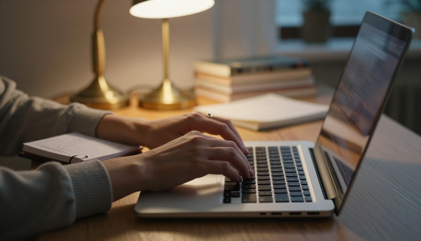 A woman's hands typing on a laptop at a cozy home desk in the evening