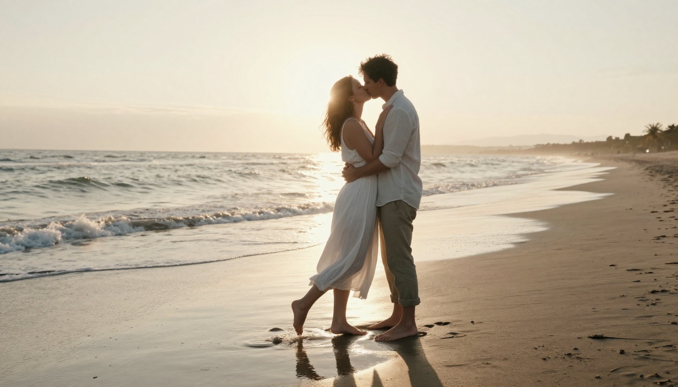 A couple sharing a kiss at the water's edge on an empty beach at dusk