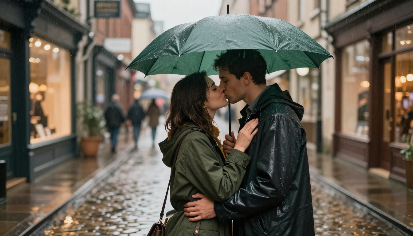 A couple kissing under a dark green umbrella on a rainy cobblestone street