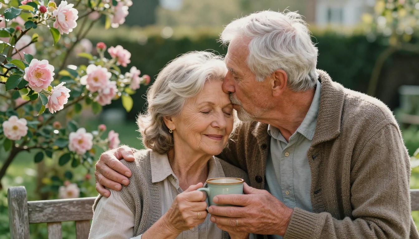 An older couple in a blooming garden, the man kissing his wife's forehead