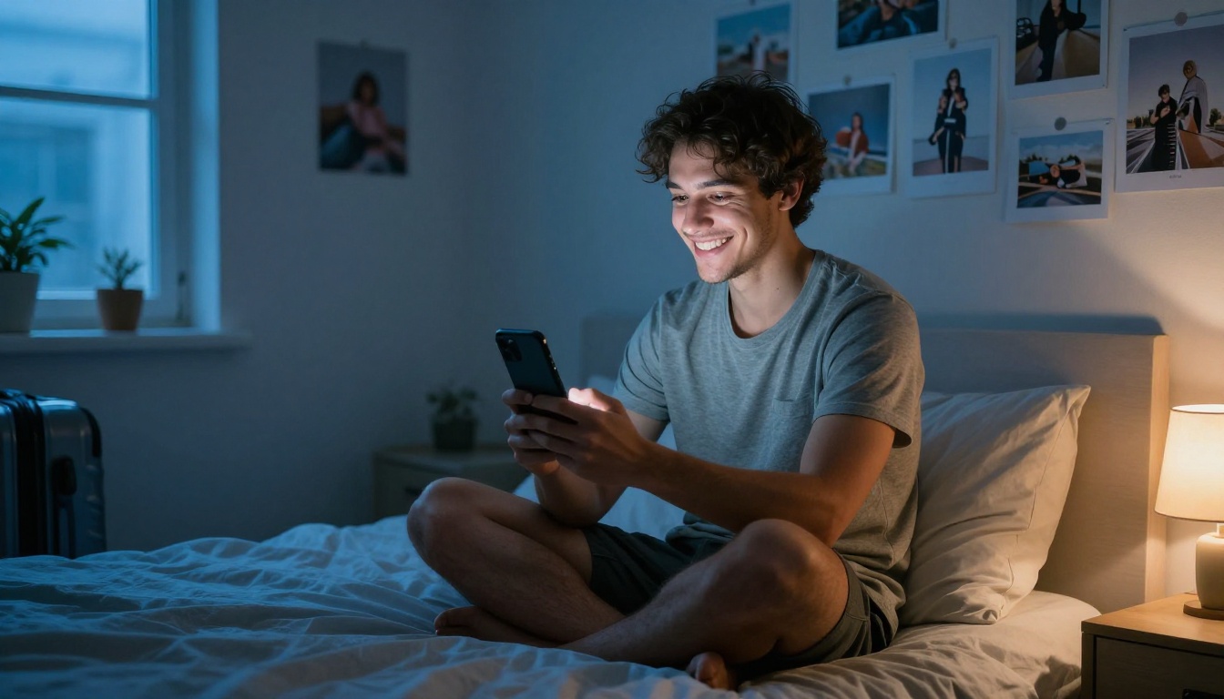 A young man on a video call from a small apartment, smiling at his phone