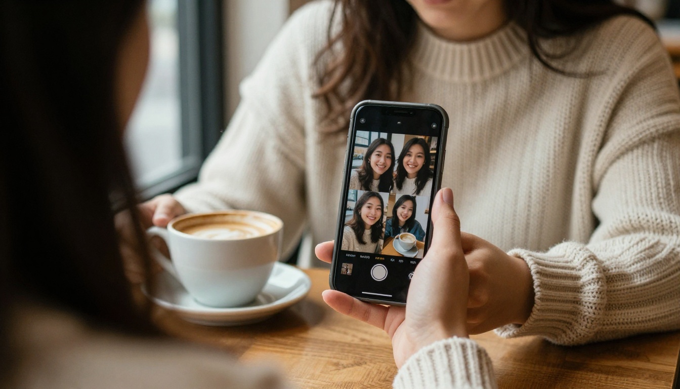Over the shoulder view of a woman holding a phone that shows two portrait photos side by side