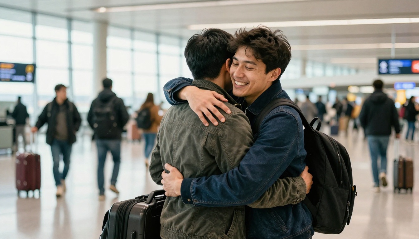 Two adult siblings hugging in an airport arrivals hall
