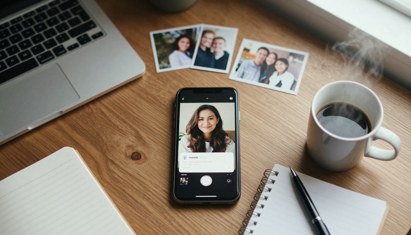 A desk seen from above with a laptop, a phone, printed family photos and a mug