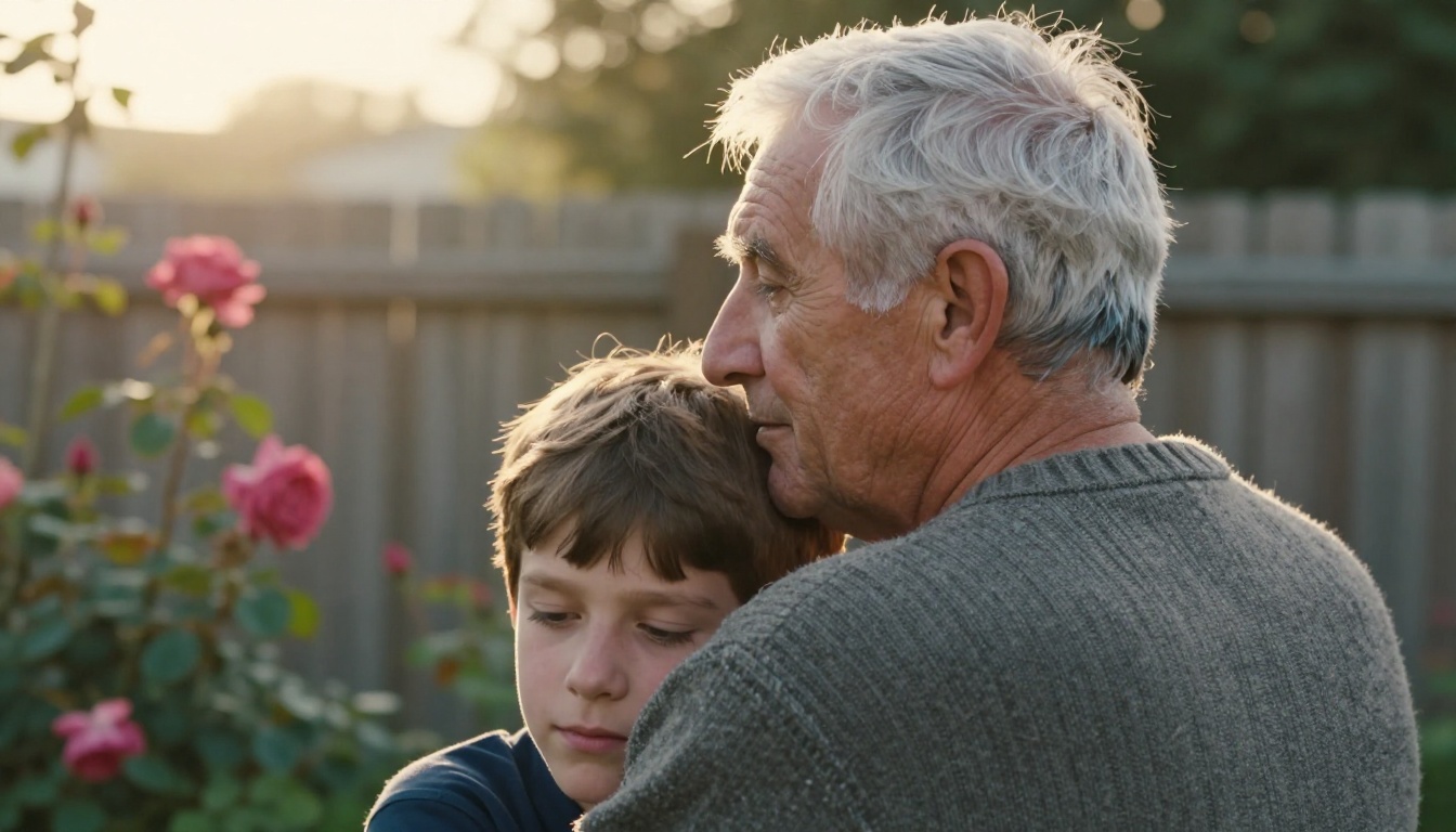 An elderly man hugging his adult grandson in a sunlit garden