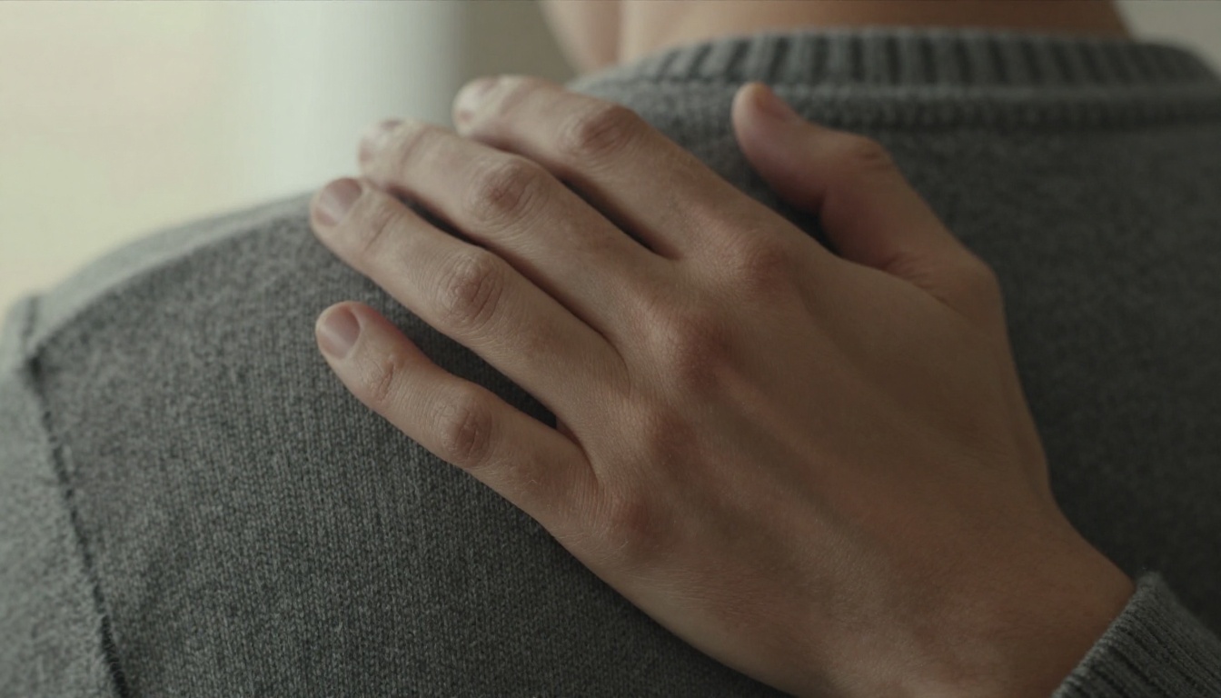 Two hands clasped on a person's back during a hug