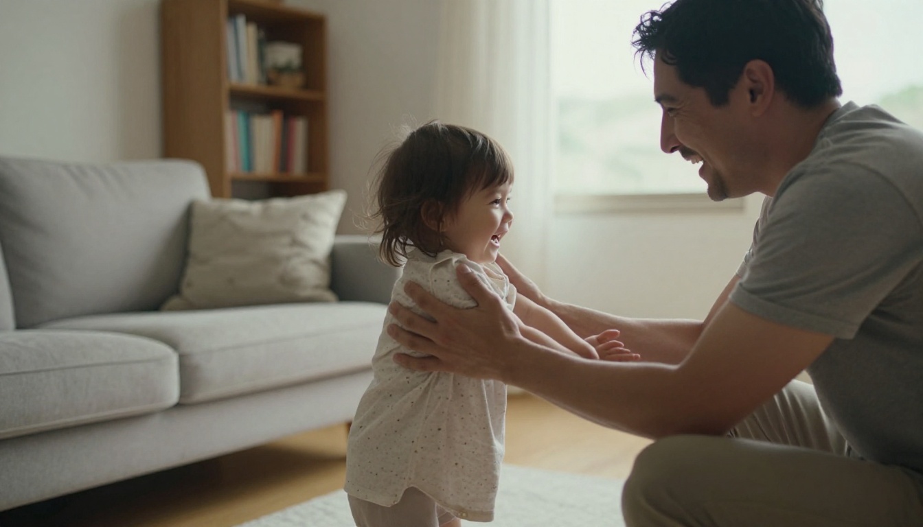 A father lifting his small daughter into a hug in a bright living room