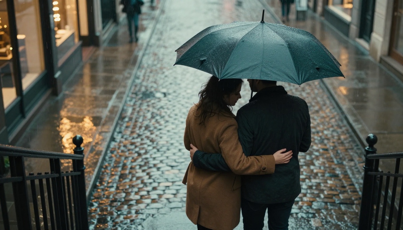 A couple embracing under an umbrella on a rainy cobblestone street