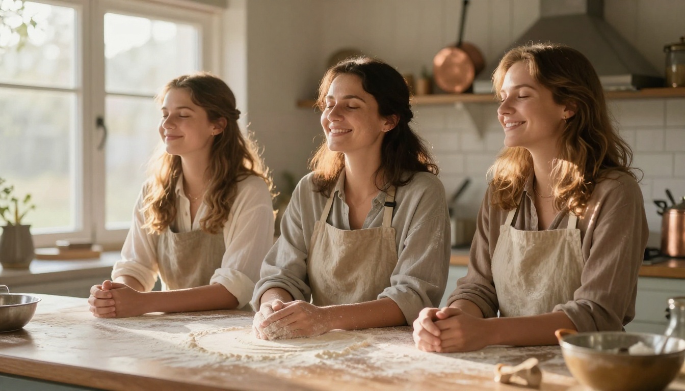 A mother and her adult daughter hugging in a sunny farmhouse kitchen