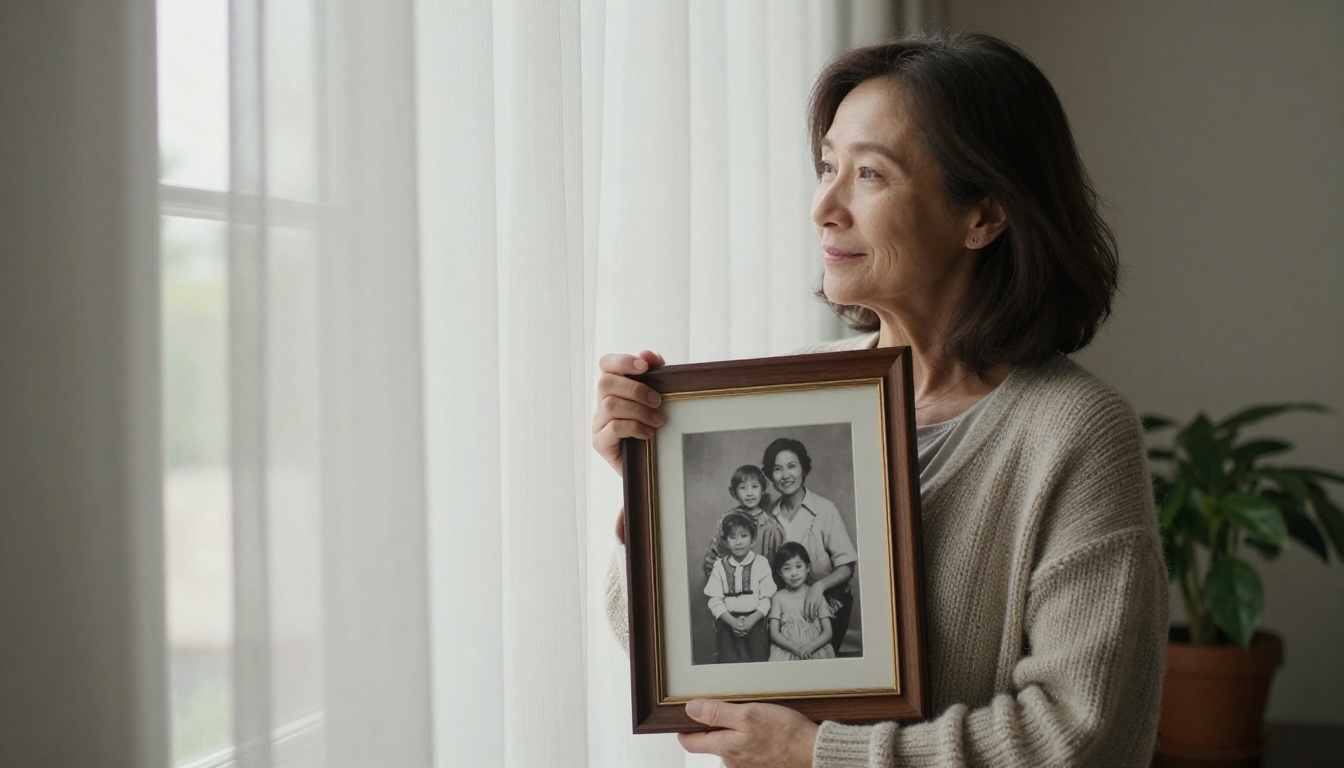 A woman holding an old framed family photograph by a tall window