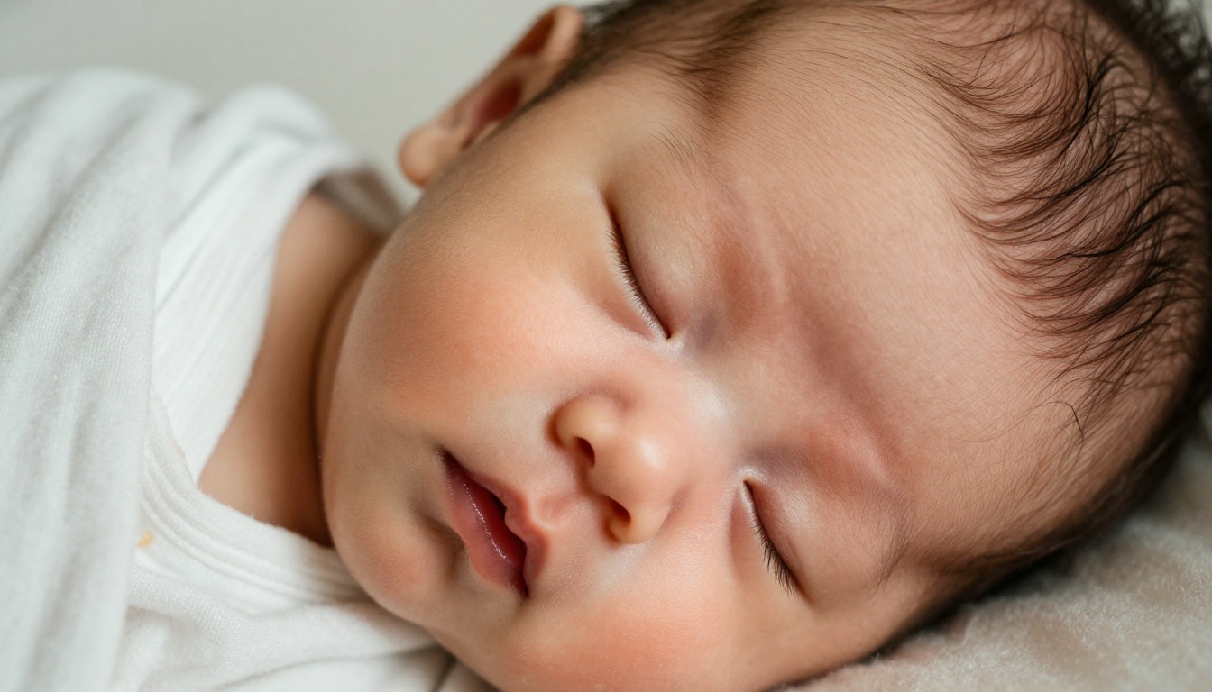 Newborn baby sleeping on a white muslin blanket in soft morning light
