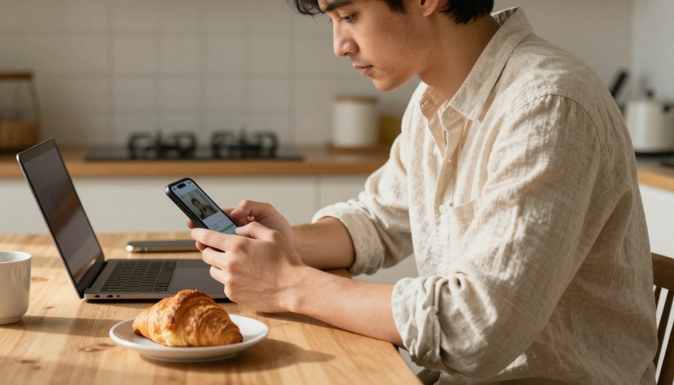 A man in a linen shirt at a kitchen table holding a phone with a chat window and an uploaded selfie