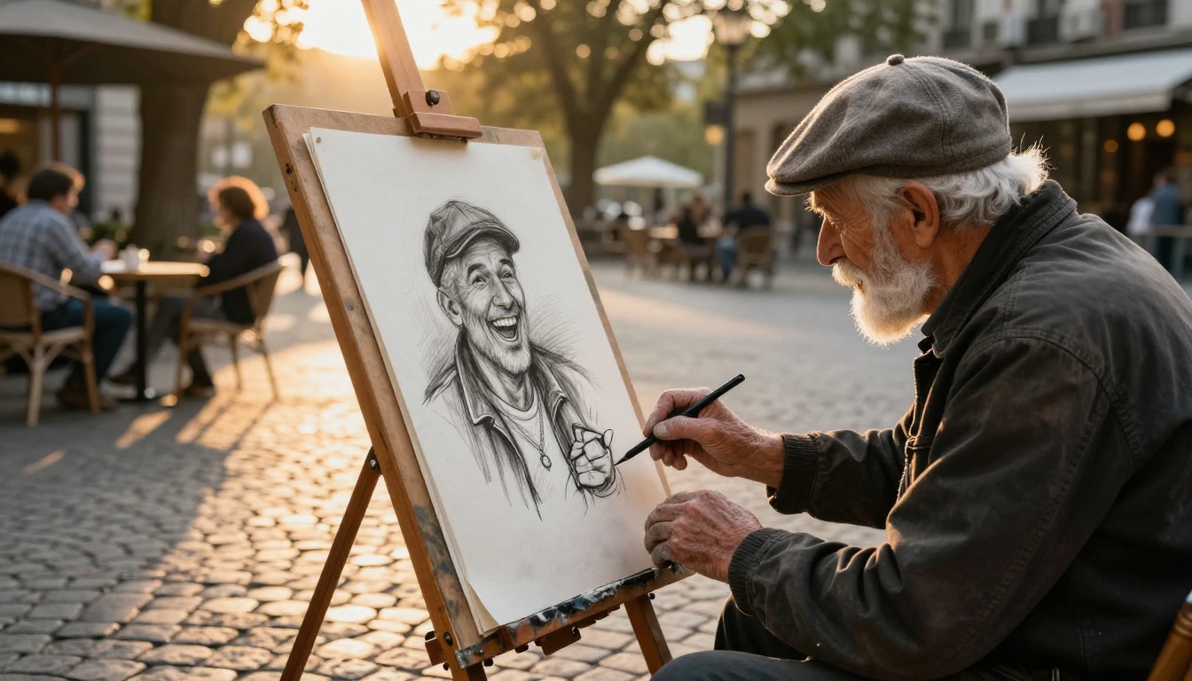 An elderly street artist in a flat cap sketching a laughing tourist with charcoal on a large pad