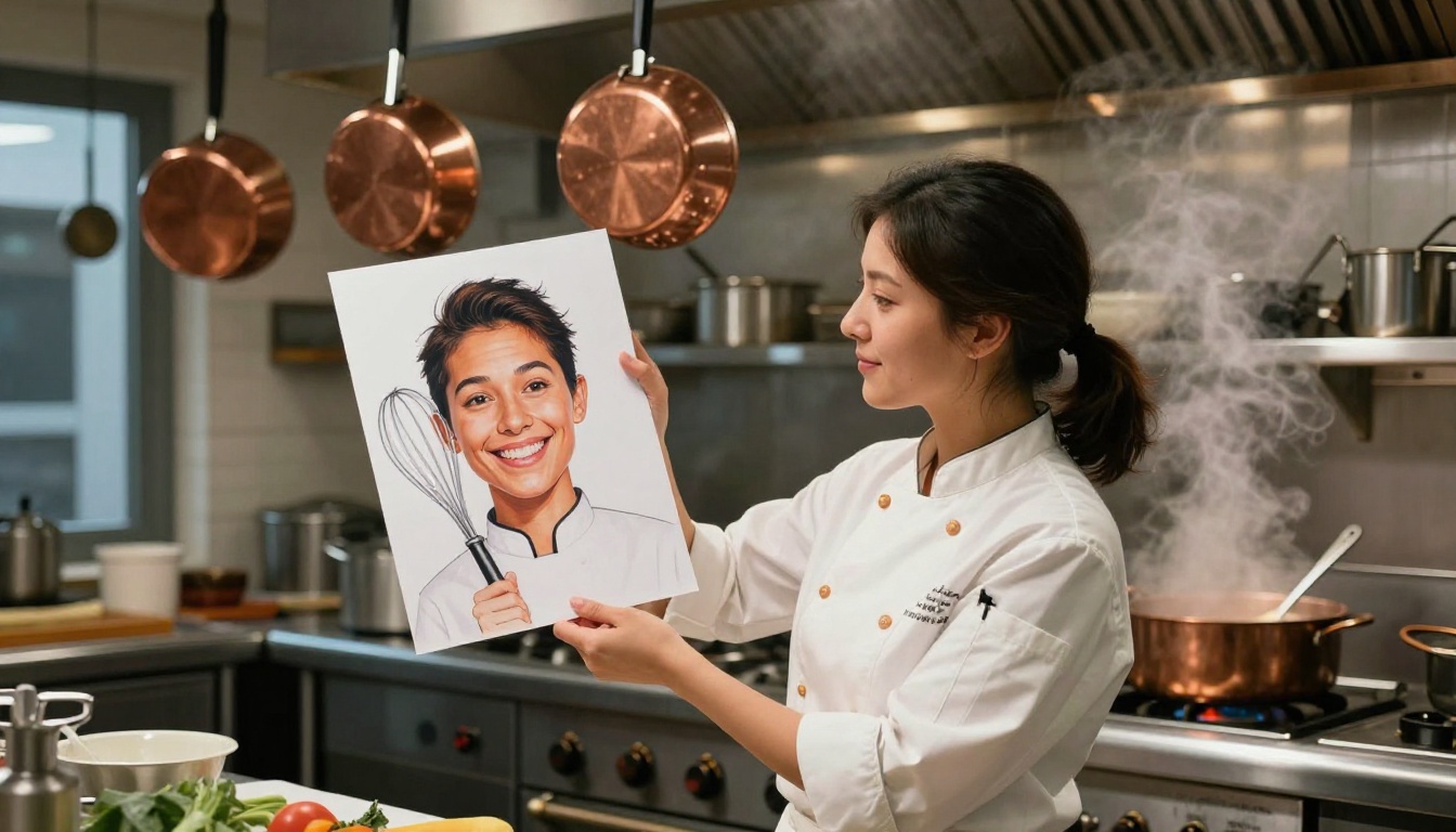 A female chef in a white jacket in a restaurant kitchen holding a printed funny portrait of herself with a giant whisk