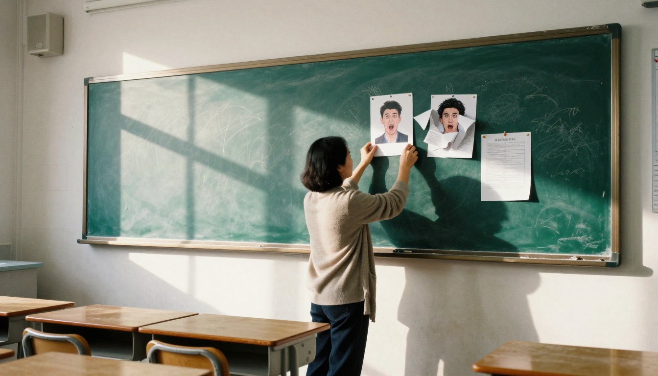 A high-school teacher in a cardigan pinning a printed funny portrait of himself buried under papers onto a classroom corkboard