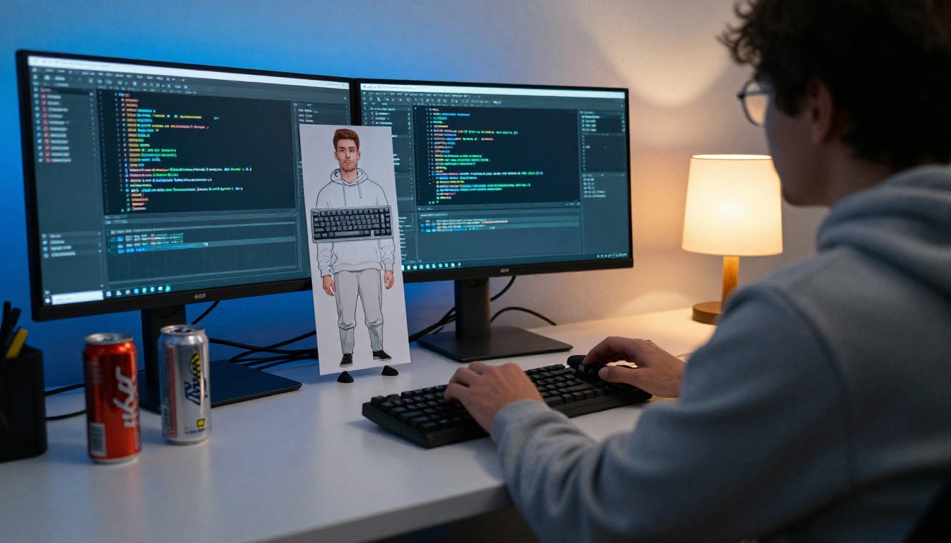 A software developer in a gray hoodie at a standing desk with two monitors and a printed funny portrait taped beside the screen