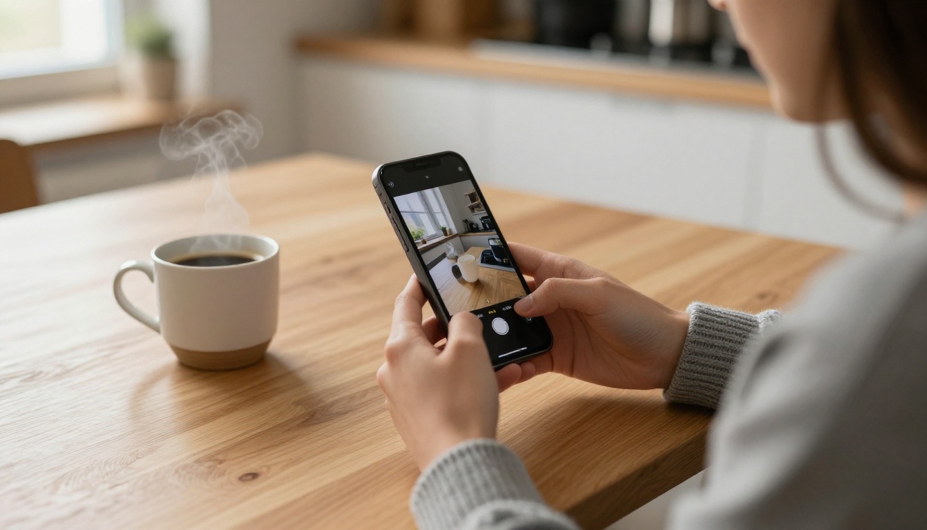 Woman holding a phone showing two side by side portrait photos at a kitchen table