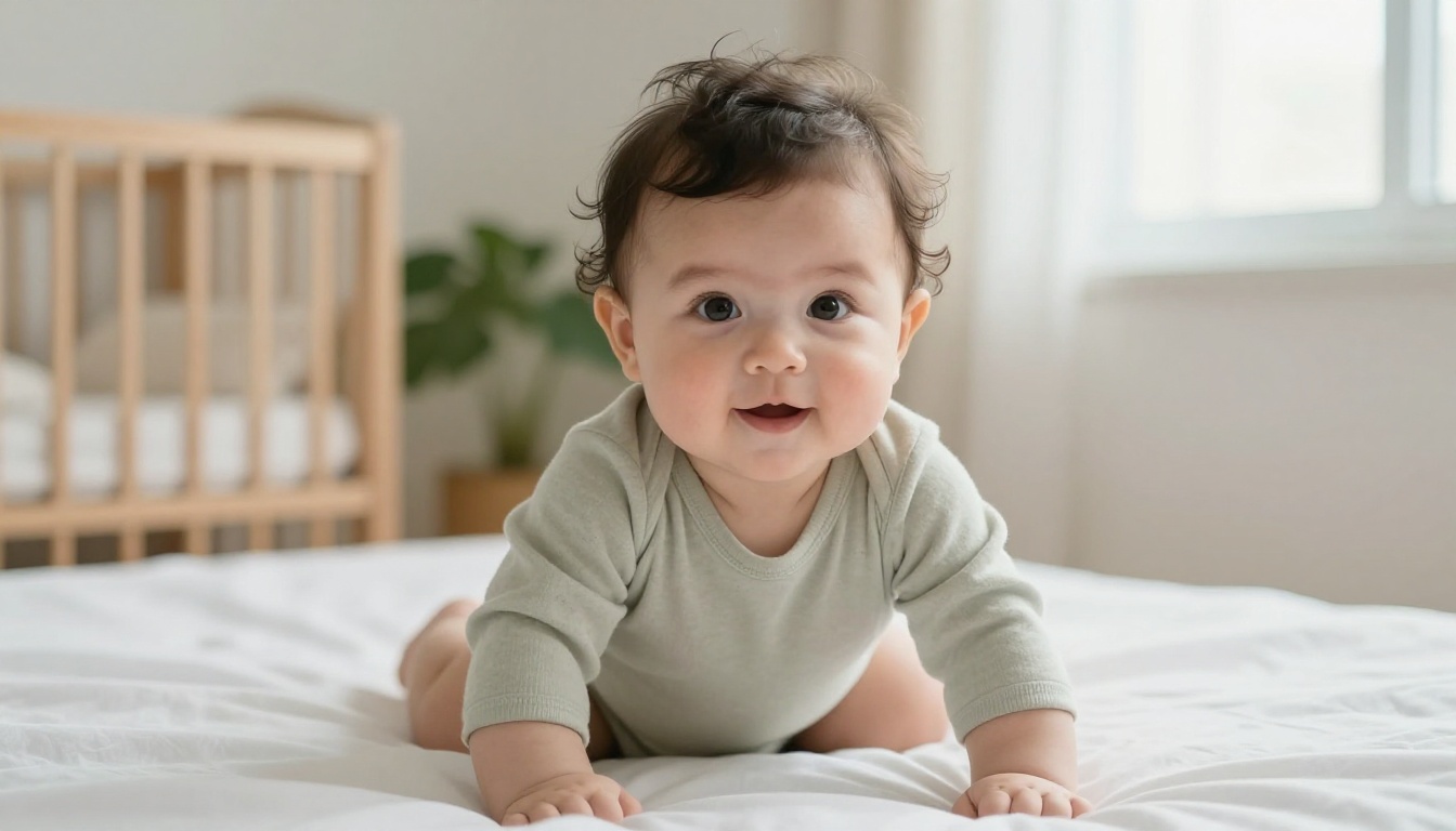 Nine month old baby with dark curls sitting on a white bed in a nursery