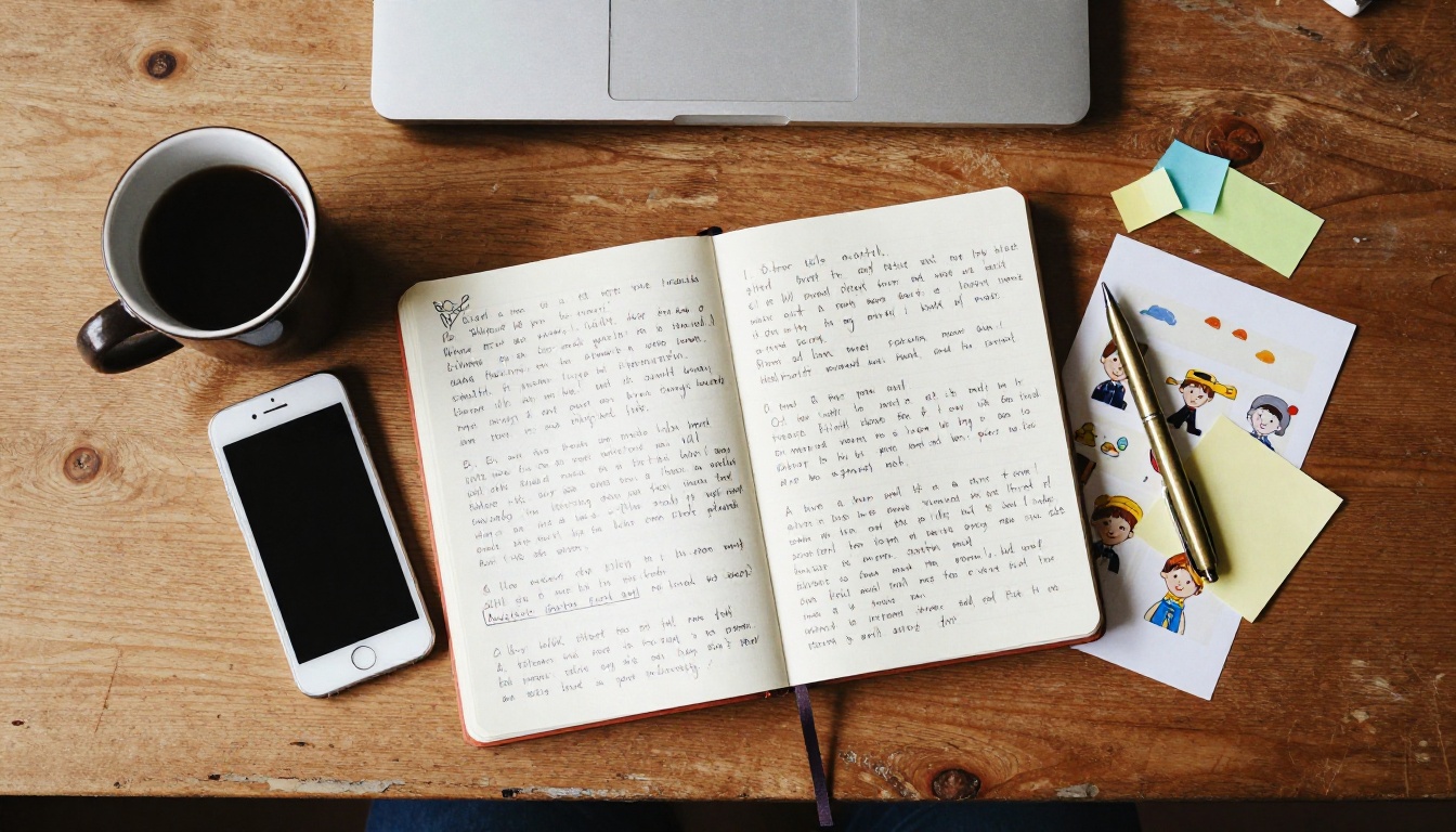 A top-down view of a wooden desk with a notebook, a phone, coffee, and three printed funny portrait sheets fanned out
