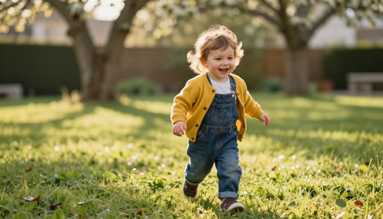 Toddler with chestnut hair laughing and running across a sunlit lawn