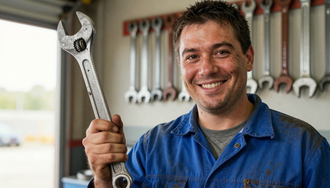 A mechanic in grease-stained work overalls holding a printed funny portrait of himself with an enormous wrench