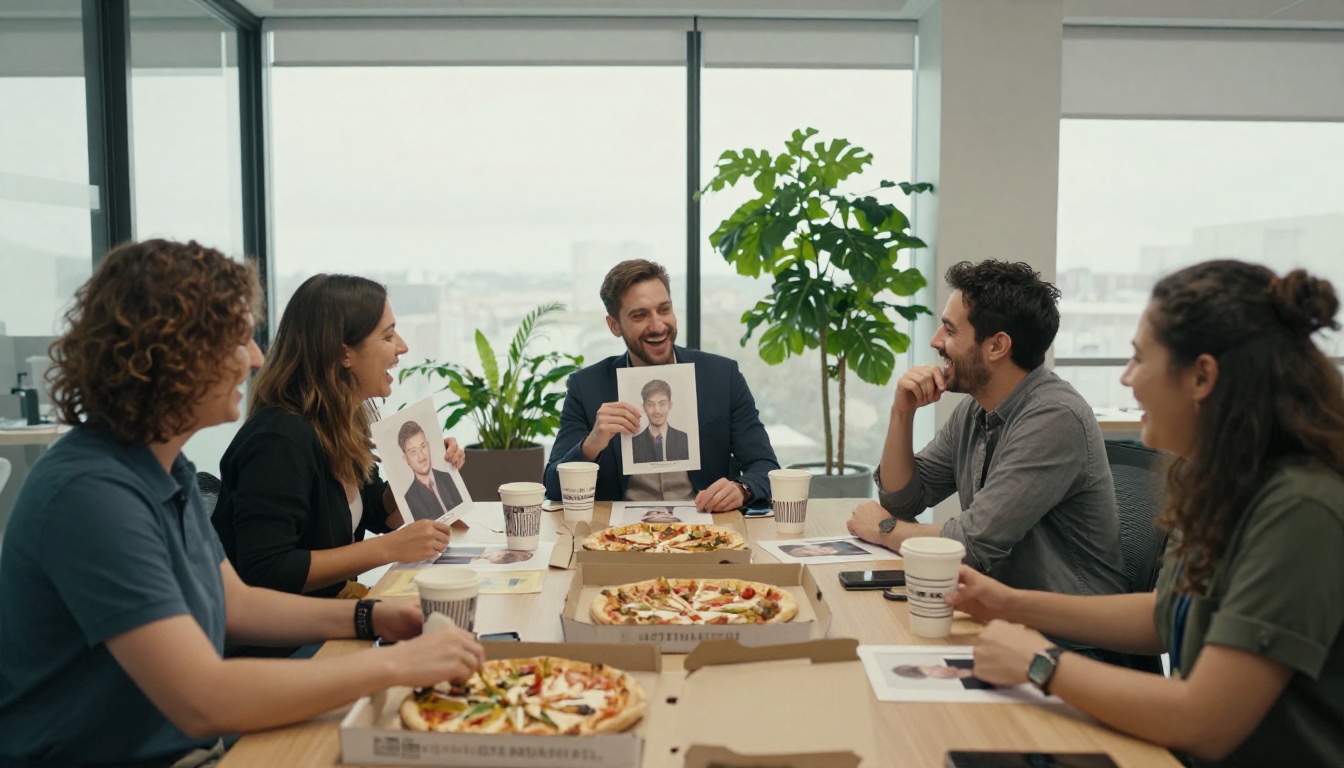 Five coworkers laughing around a meeting table while comparing printed funny portrait sheets of each other