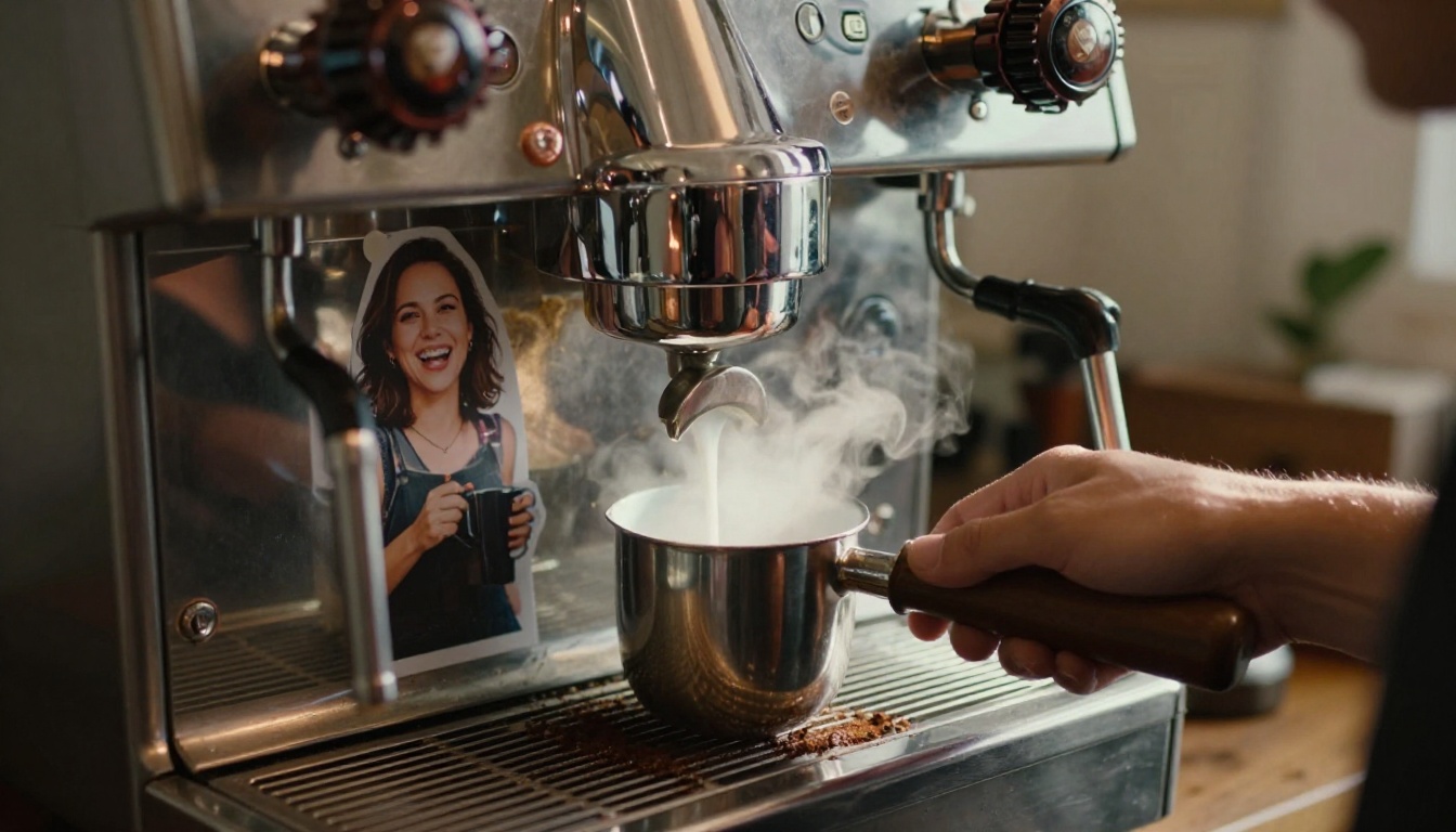 A barista at a wooden coffee bar steaming milk beside an espresso machine with a printed funny portrait taped to it