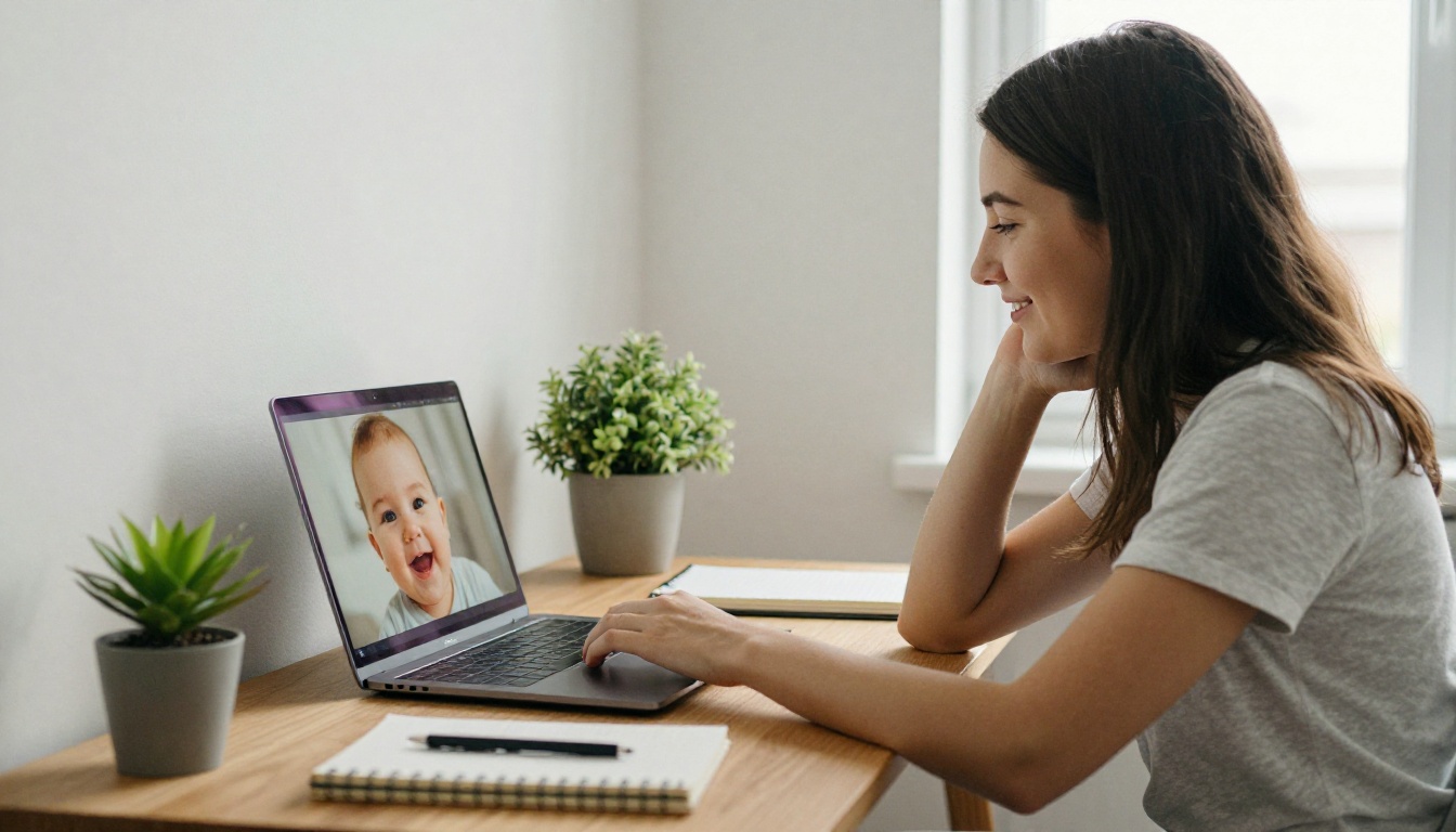 Woman at a desk checking a baby portrait on a laptop screen