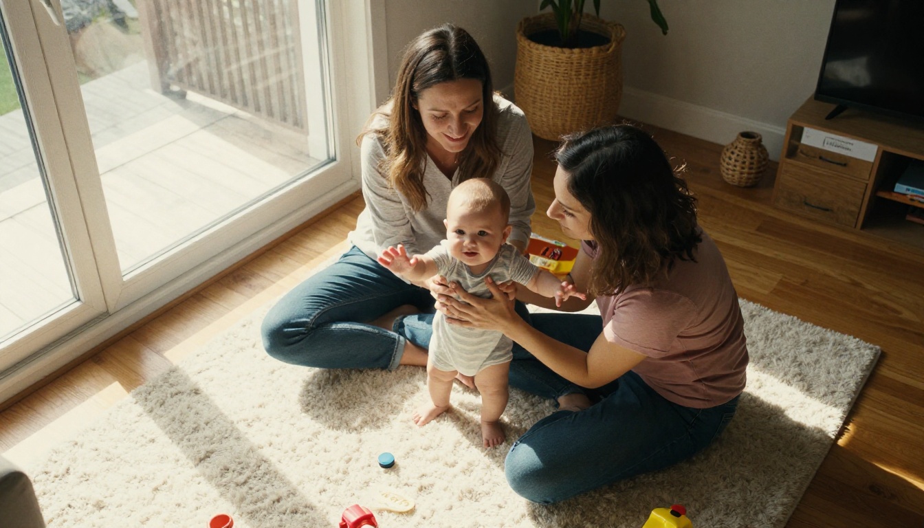 Mother and father sitting on a rug holding their baby who reaches toward the camera