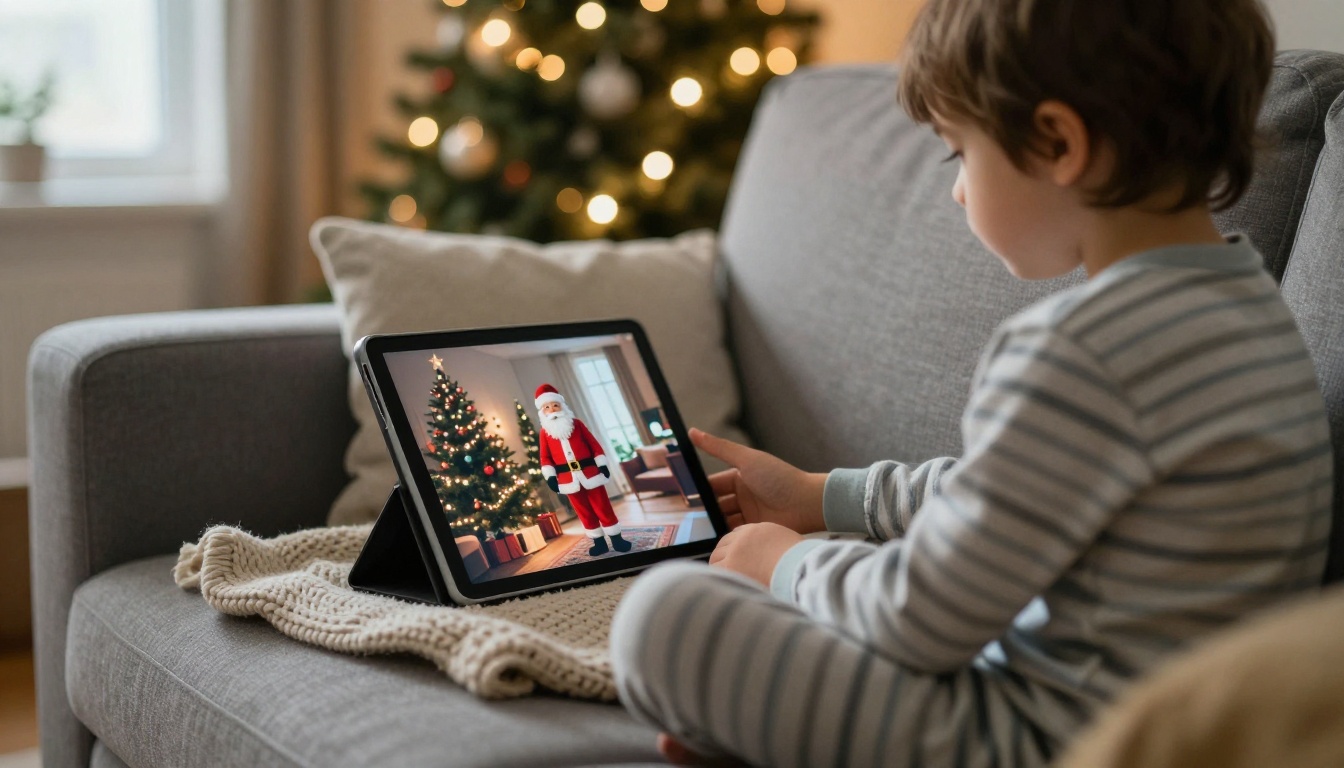 Child in pajamas watching a tablet that shows Santa beside a Christmas tree
