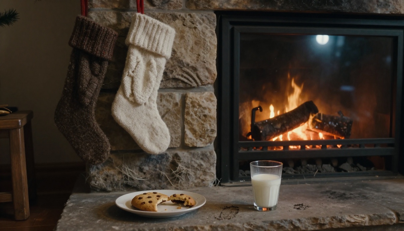 Fireplace hearth with stockings, a half-eaten cookie and a glass of milk at night