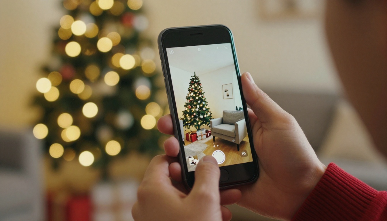 Phone camera preview showing a living room with a decorated tree and an empty armchair