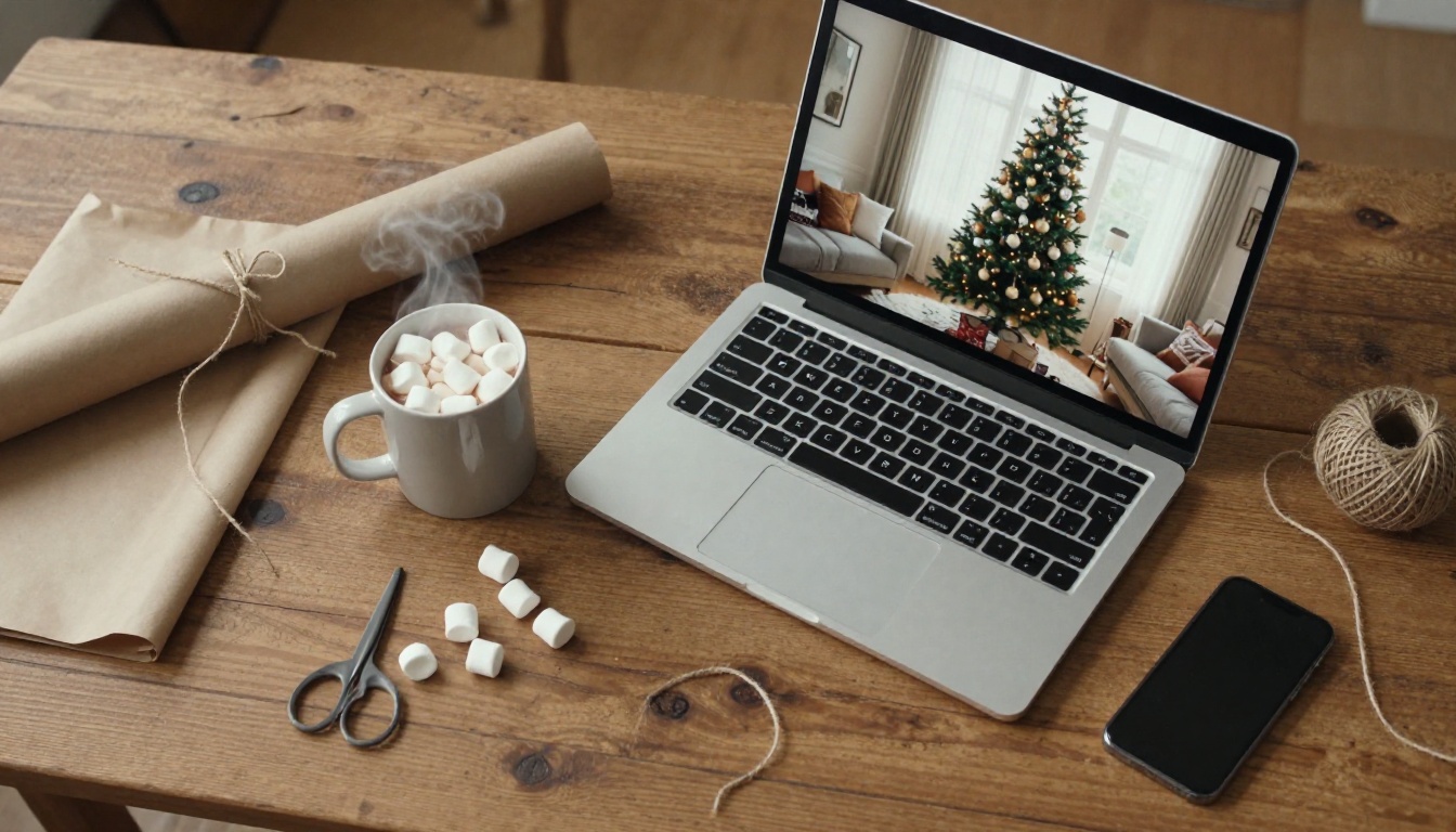 Laptop on a wooden table showing a living room photo next to hot cocoa and a smartphone
