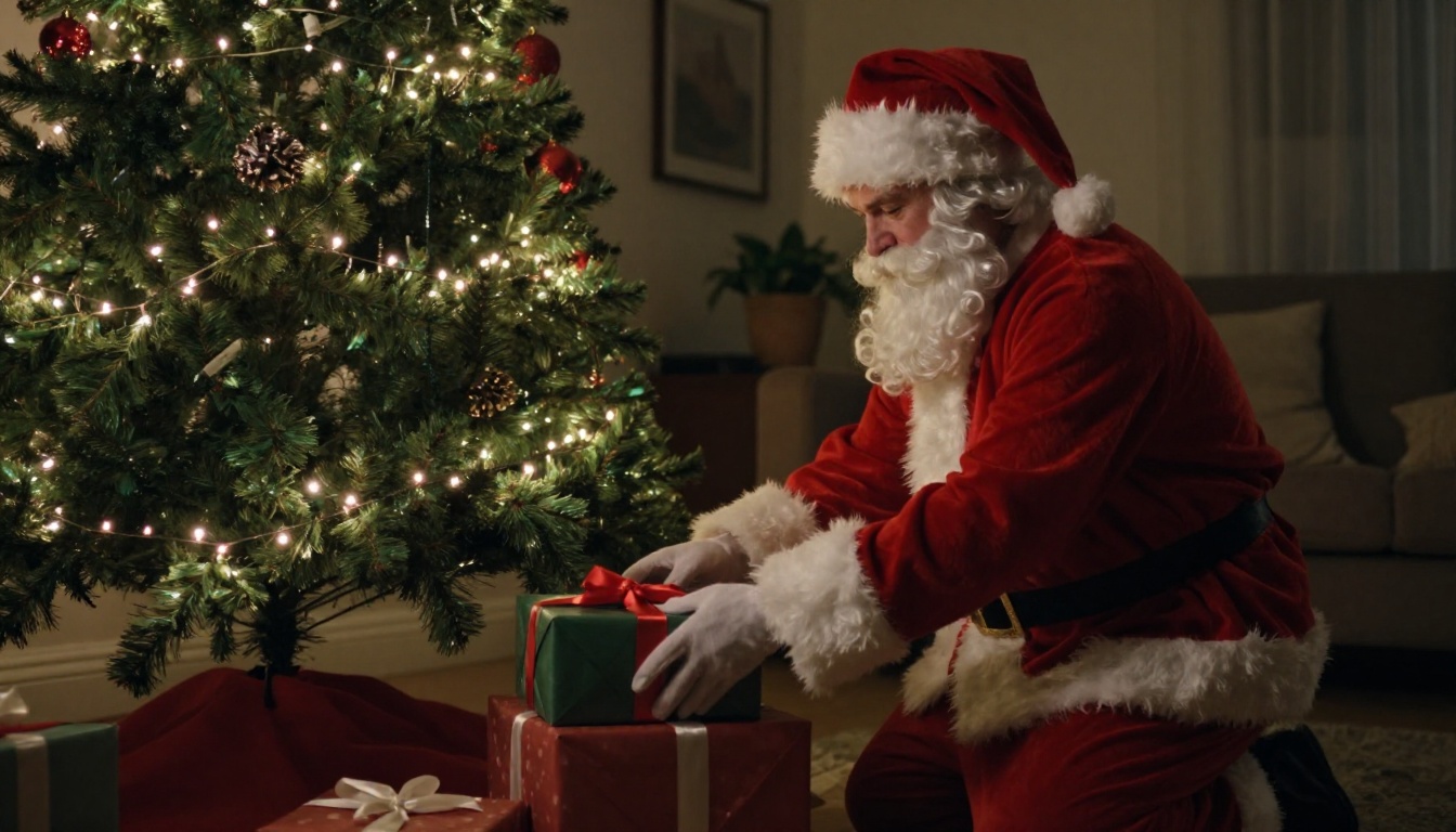 Security camera angle of a Santa placing a present under a lit tree