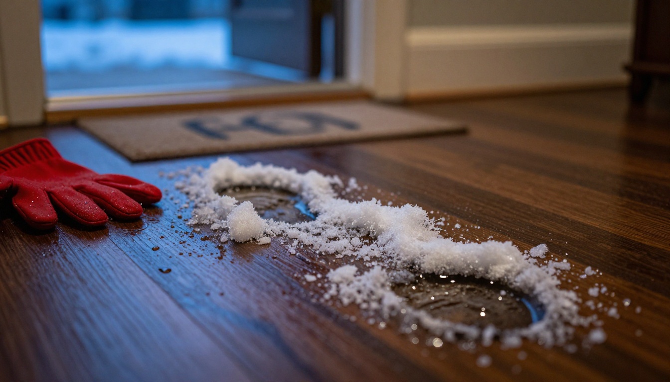 Snowy boot prints and melting snow on a dark hardwood entryway floor