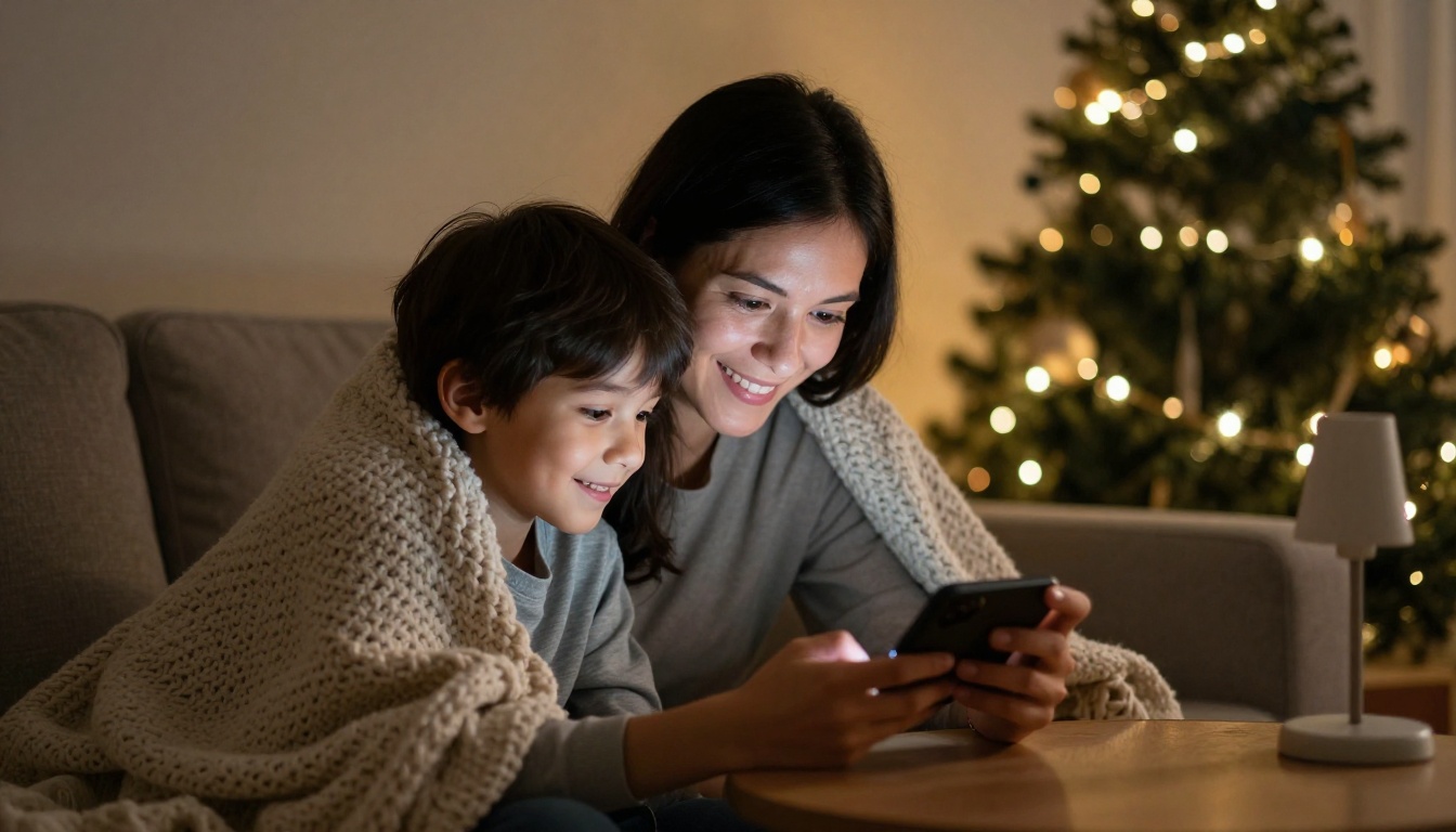 Mother and child watching a phone together on a sofa under a blanket